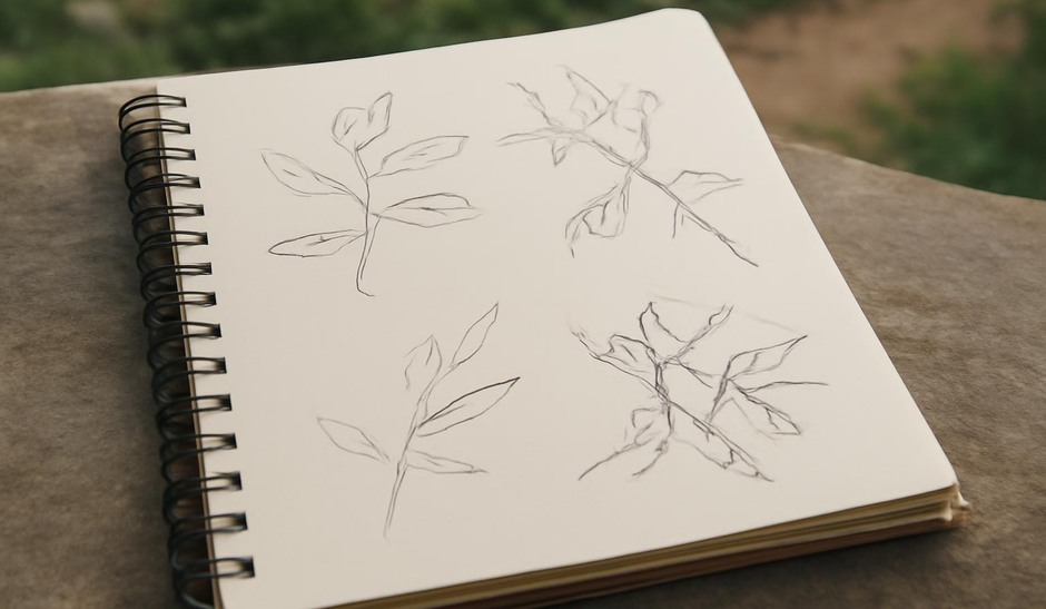 Sketchbook with several quick contour and gesture studies of branches and leaves