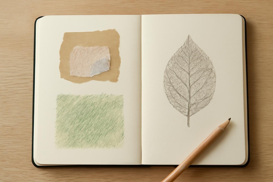 Sketchbook showing small mixed-media textures: paper collage, pastel marks, and a leaf imprint