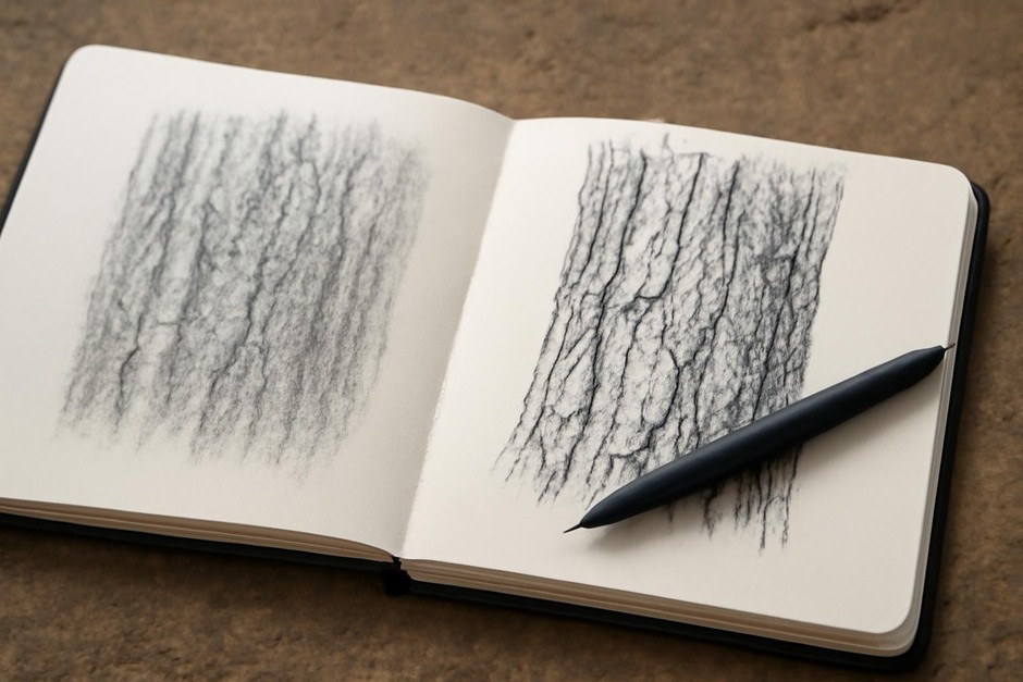 Close-up of a sketchbook with graphite rubbing and ink sketch of tree bark