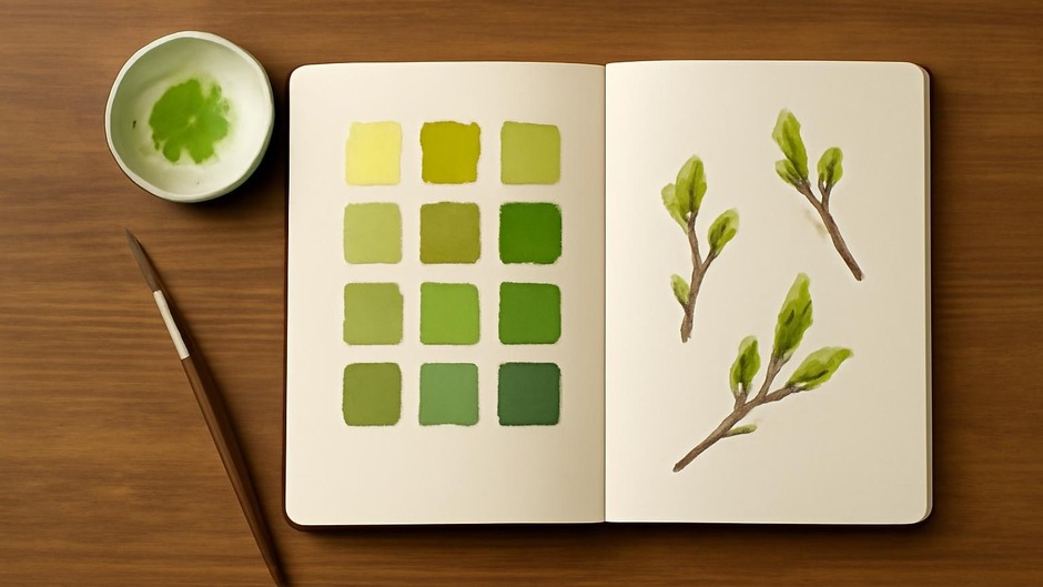 Sketchbook spread with small painted swatches of spring greens and buds