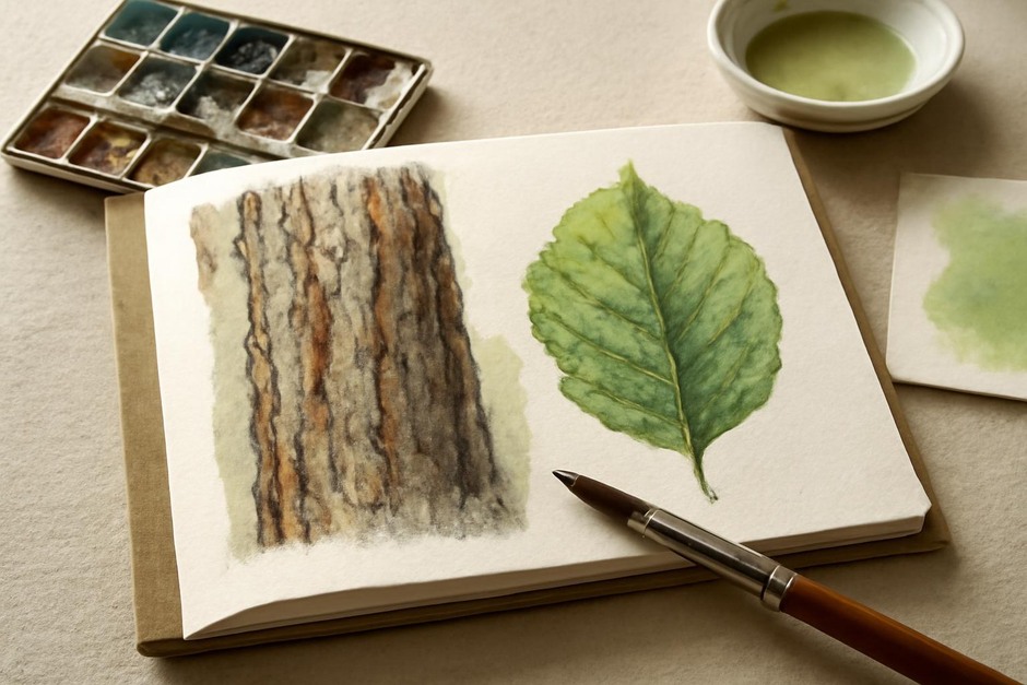 Watercolour study showing tree bark texture and leaf washes