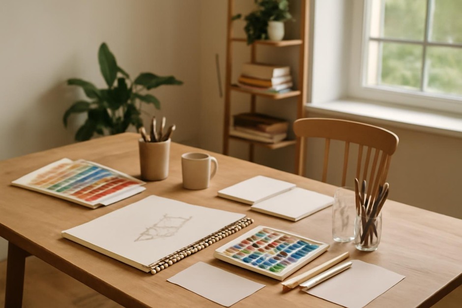 Abstract art desk with color swatches, brush marks, and sketchbook studies.