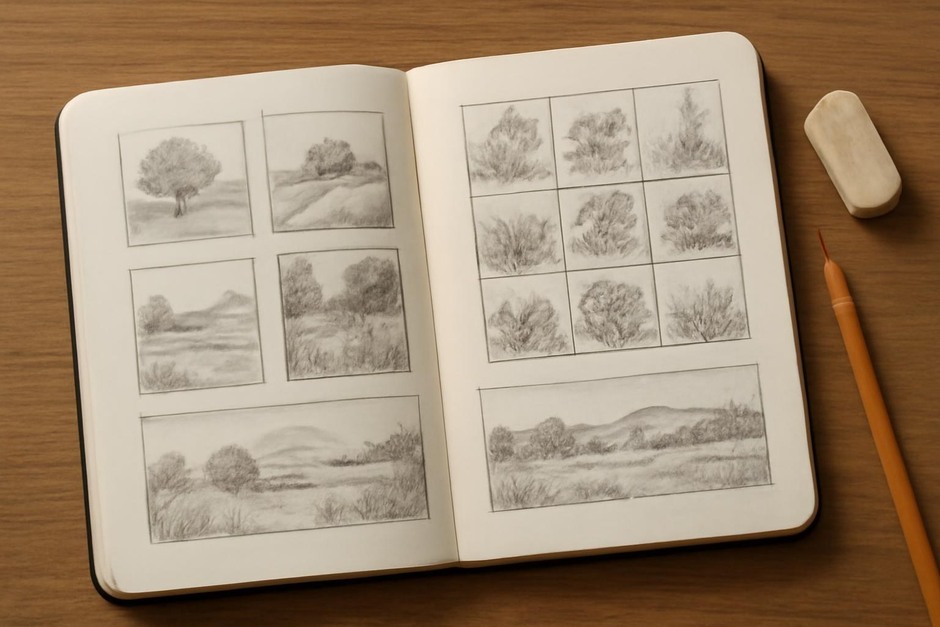 Sketchbook with thumbnail sketches, a grid layout, and a panoramic strip study