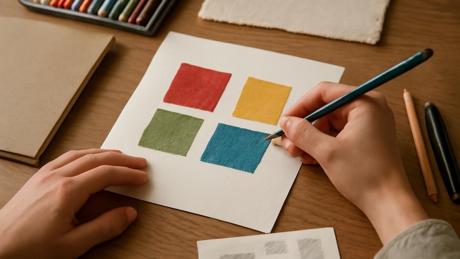 Bright studio image with paint textures, paper layers, and geometric color blocks.